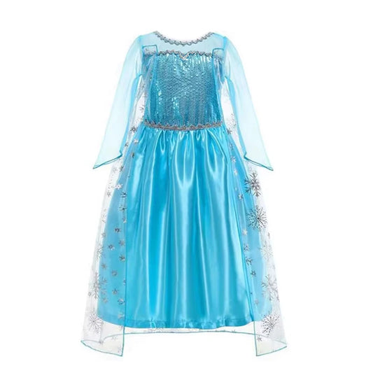 Blue Snowflake Princess Costume Dress for Girls with Sheer Long Sleeves and Flowing Overlay, Sizes 2T–5T for Birthday Dress-Up and Halloween
