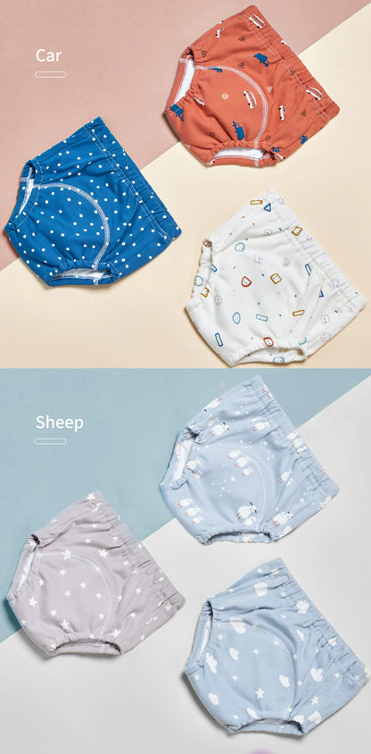 6-Layer Cotton Training Pants, 3-Pack Reusable Toddler Potty Underwear with Elastic Waist and Printed Designs in 90 cm and 100 cm Size Options