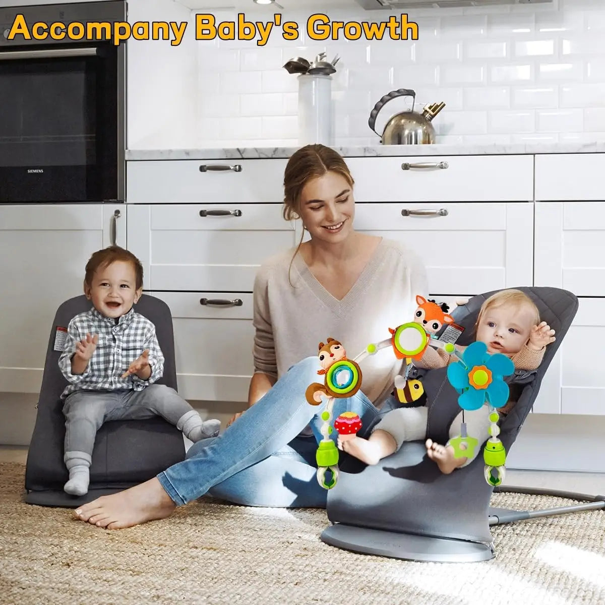 Adjustable Baby Activity Arch with Clamp-On Animal Toys, Colorful Stroller Play Bar for Supervised Sensory Exploration and Baby Shower Gifts