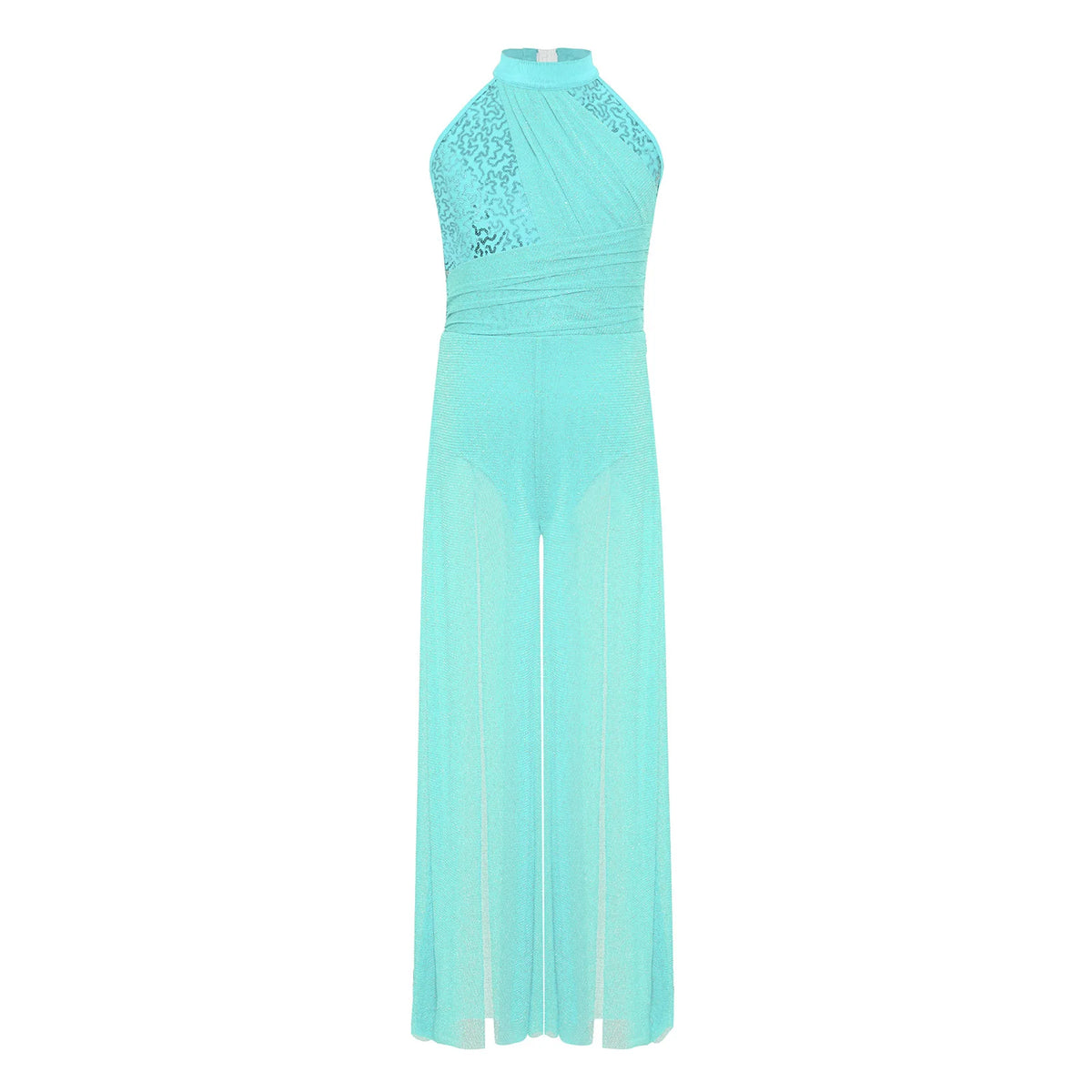 Girls Sequin Dance Jumpsuit with Split Wide-Leg Mesh, Sleeveless Mock Neck and Crisscross Back for Lyrical Recitals and Stage Performances