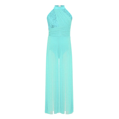 Girls Sequin Dance Jumpsuit with Split Wide-Leg Mesh, Sleeveless Mock Neck and Crisscross Back for Lyrical Recitals and Stage Performances