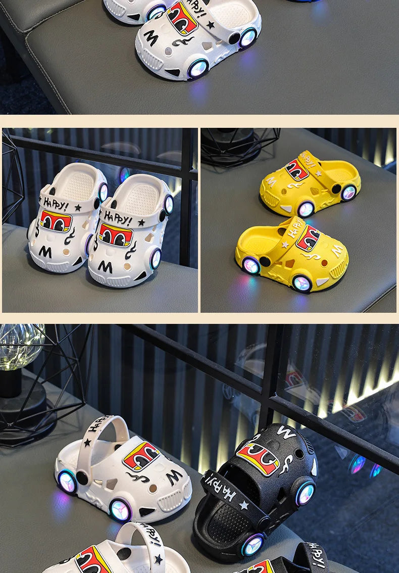 Kids Light-Up Car Clogs with Glowing Wheel Details, Ventilated Closed-Toe Design and Pivoting Heel Strap for Playful Summer Casual Outfits