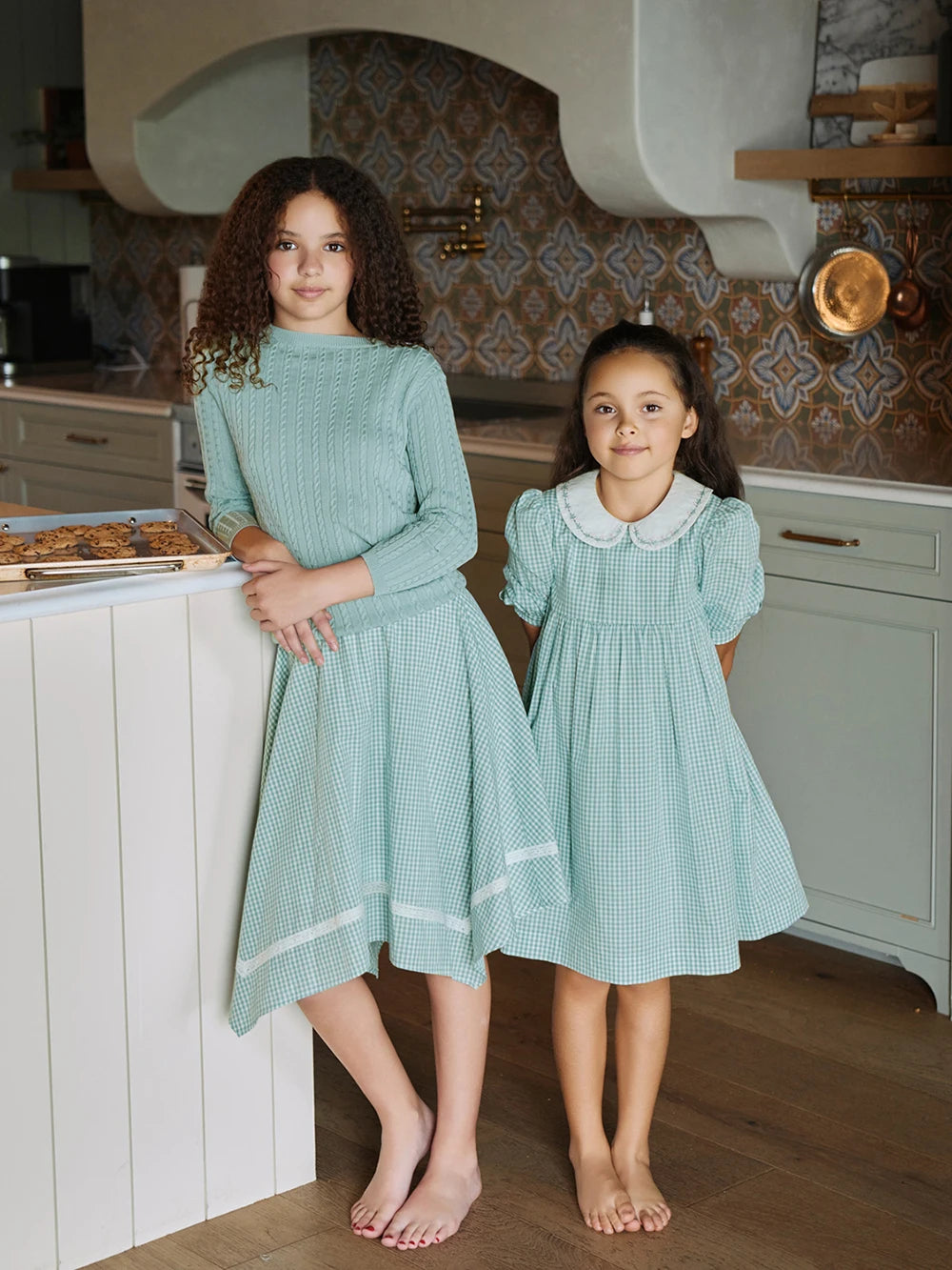 Sage Green Gingham Kids Outfits with Cotton Girls Dress and Baby Romper Options, Lyocell Knit Layers and Boys Separates for Sibling Family Photos