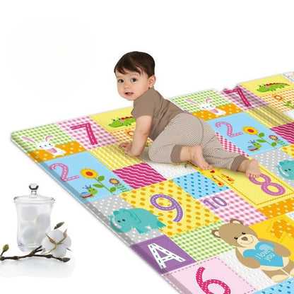 Fold-and-Carry Baby Play Mat with Double-Sided Illustrated Prints, Wipe-Clean Foam Floor Rug and Storage Bag for Supervised Tummy Time and Crawling