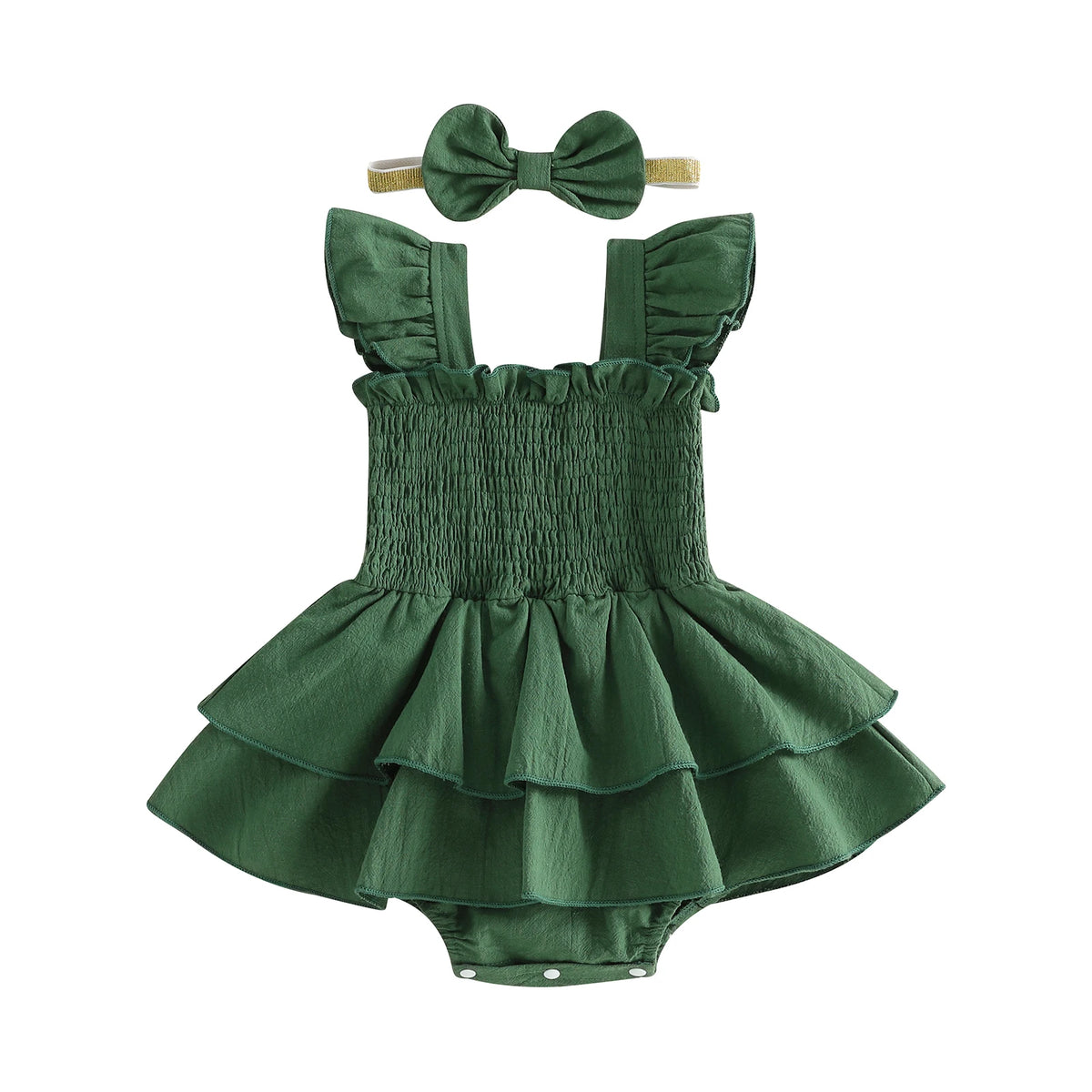 Tiered Baby Girl Romper Dress with Bow Headband, Smocked Cotton Blend Bodice and Flutter Straps, Solid Color Summer Outfit for 0-18 Months
