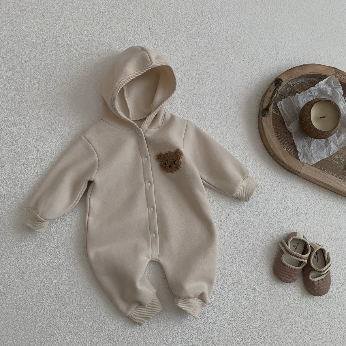 Baby Hooded Snap Front Jumpsuit with Bear Patch, Long Sleeve One-Piece Outfit in Coffee or Beige for Boys and Girls, Sizes 3M-18M