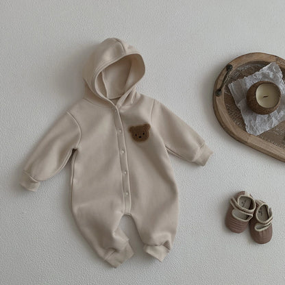 Baby Hooded Snap Front Jumpsuit with Bear Patch, Long Sleeve One-Piece Outfit in Coffee or Beige for Boys and Girls, Sizes 3M-18M