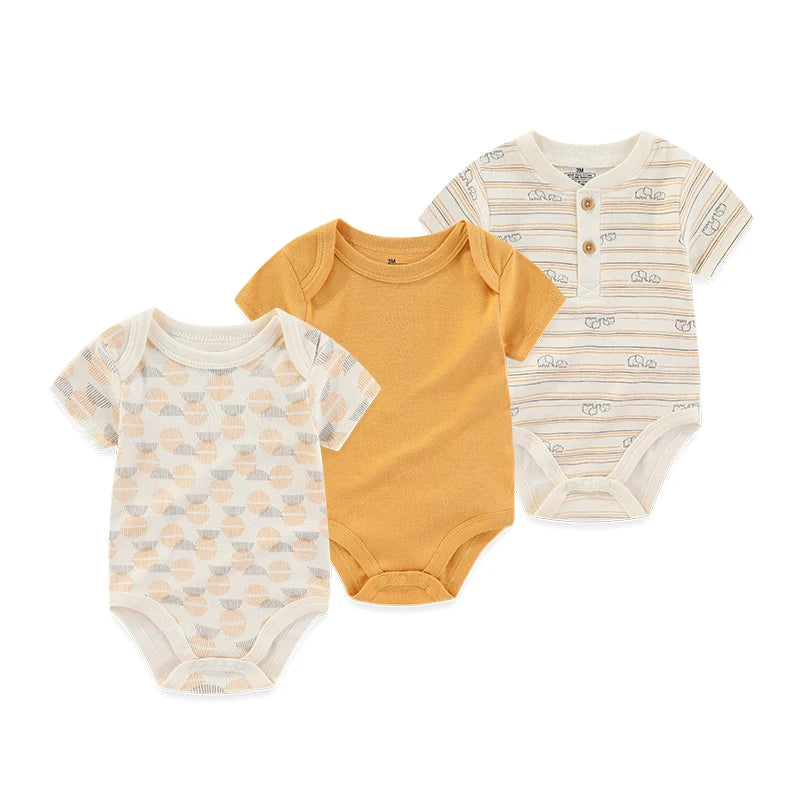 Cotton Infant Bodysuit Trio with Short Sleeves, Printed and Solid Baby One-Piece Outfits with Bottom Snaps for Boys and Girls, 3M-12M