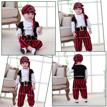 Infant Pirate Romper Costume Set with Vest, Head Scarf and Belt, Cotton Blend Red Stripe Outfit for Baby and Toddler Halloween Parties