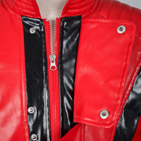 Red Thriller-Style Costume Jacket with Black Contrast Panels, Stand Collar and Cuff Straps for Pop-Inspired Cosplay, Halloween and Stage Performances