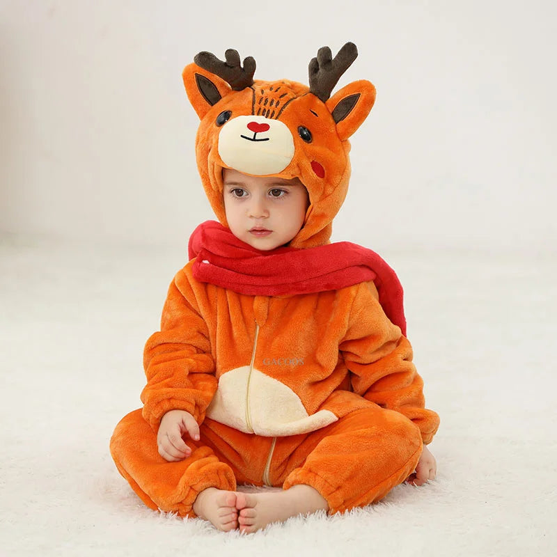 Animal Kigurumi Costume for Babies and Toddlers, Hooded Flannel Jumpsuit with Long Sleeves for Halloween Dress-Up and Family Photos