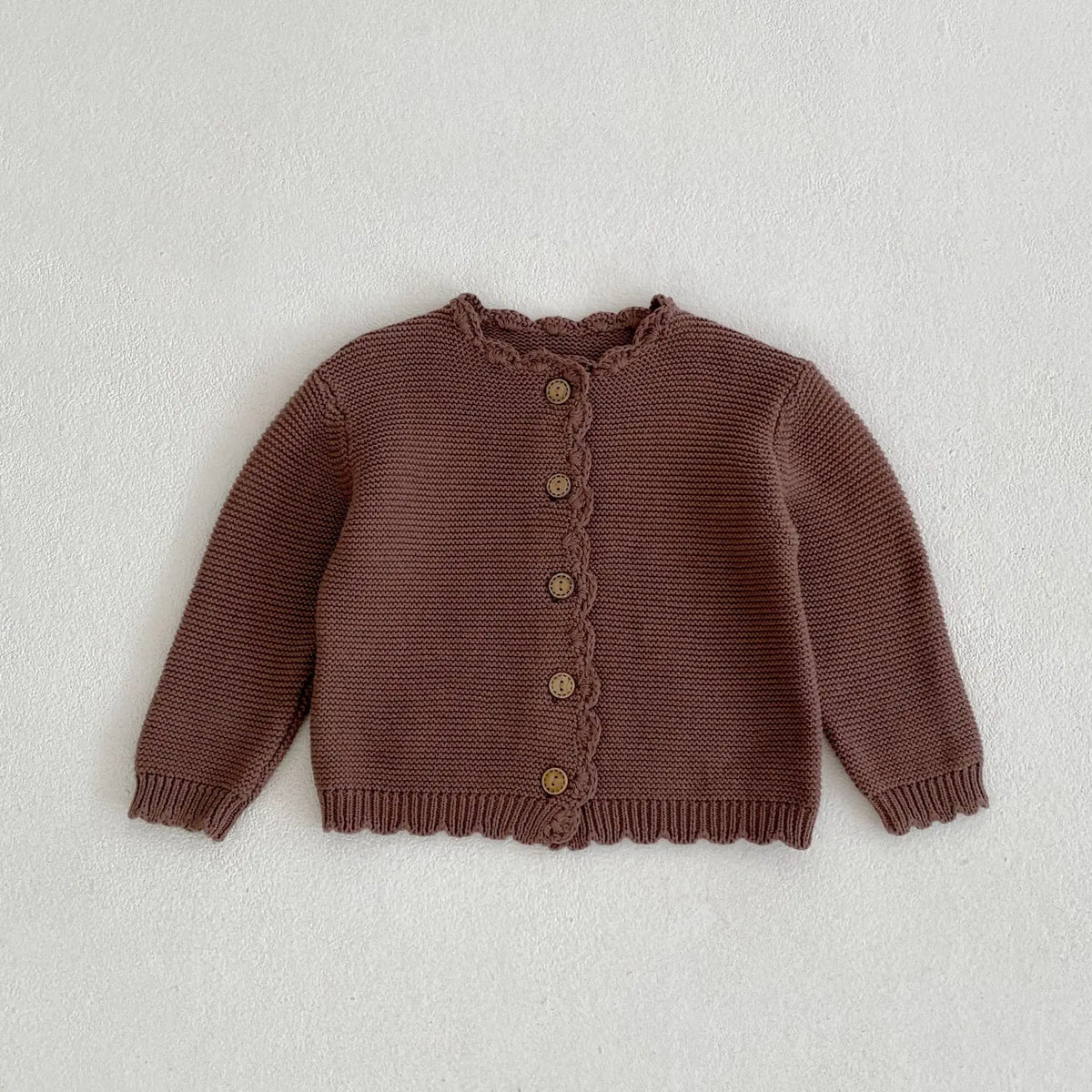 Scalloped Neck Baby Cardigan with Button Front, Textured Knit and Ribbed Cuffs, Long Sleeve Infant and Toddler Sweater in Khaki or Apricot