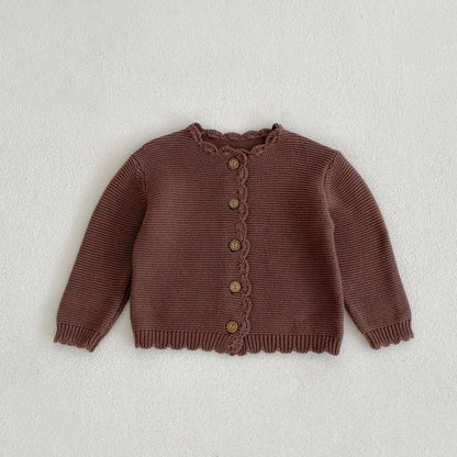 Scalloped Neck Baby Cardigan with Button Front, Textured Knit and Ribbed Cuffs, Long Sleeve Infant and Toddler Sweater in Khaki or Apricot
