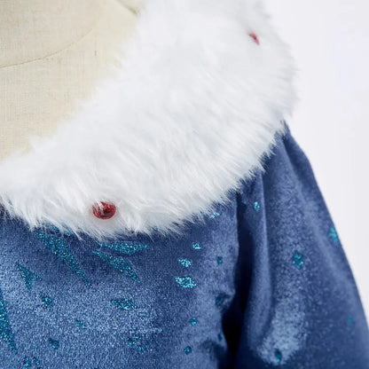 Girls Ice Princess Costume Dress with Long Sleeves, Fluffy Collar and Snowflake Cape, Blue Snow Queen Outfit for Birthdays and Halloween