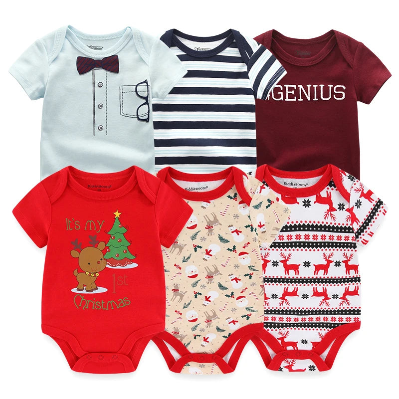 Baby Cotton Bodysuit Set, 6-Piece Short Sleeve Outfits with Envelope Shoulders and Snap Crotch for Boys and Girls, Sizes 3M-12M