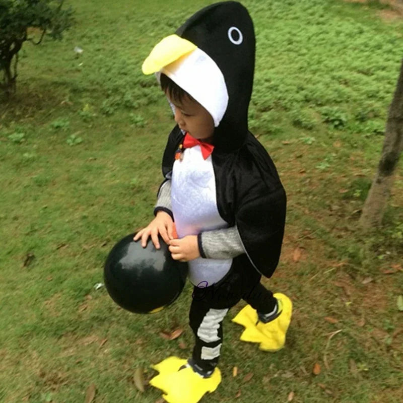 Kids Penguin Costume with Hooded Black-and-White Outfit, Wing-Style Sleeves and Red Bow Detail for Halloween, Birthdays and Animal Dress-Up