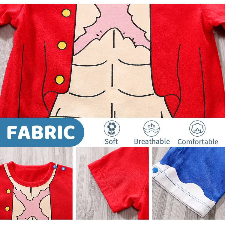 Pirate Costume Baby Romper, Red and Blue Cotton Short Sleeve One-Piece with Printed Vest and Yellow Sash for Anime Photos, 0-18M