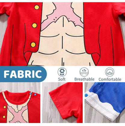 Pirate Costume Baby Romper, Red and Blue Cotton Short Sleeve One-Piece with Printed Vest and Yellow Sash for Anime Photos, 0-18M