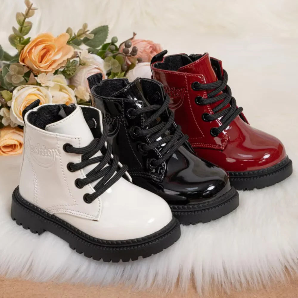 Kids PU Leather Combat Ankle Boots with Lace-Up Front, Side Zipper and Black Chunky Soles, Boys and Girls Fall Winter Shoes in Sizes 21-30