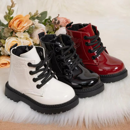 Kids PU Leather Combat Ankle Boots with Lace-Up Front, Side Zipper and Black Chunky Soles, Boys and Girls Fall Winter Shoes in Sizes 21-30