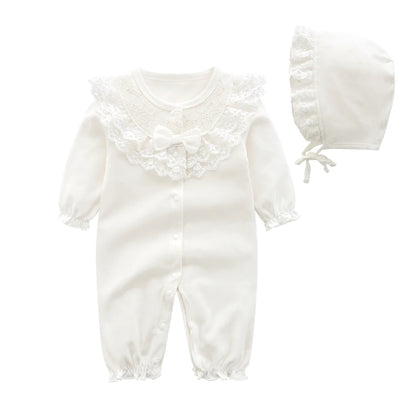 Baby Girl Jumpsuit and Hat Set with Ink-Style Print and Ruffled Yoke, Long Sleeve Cotton Outfit for Spring, Fall and Family Photos, Sizes 59-90