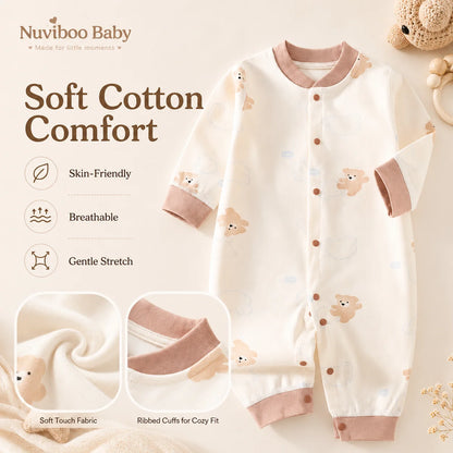 Long Sleeve Cotton Baby Romper with Front Snaps and Footless Cuffs, Animal Prints and Solid Colors for Boys and Girls, Sizes 59-90 cm