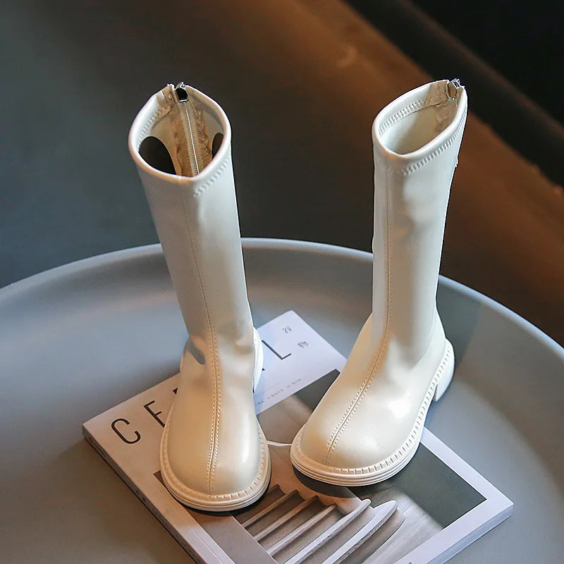 Back-Zip Girls Tall Boots in PU with Round Toes and Minimalist Styling, Khaki, Beige or Black Fashion Shoes for Spring and Autumn, Sizes 26-36