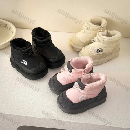 Plush-Lined Kids Snow Boots with Side Zippers and Chunky Platform Soles, Boys and Girls Winter Ankle Boots in Pink, Black and Ivory