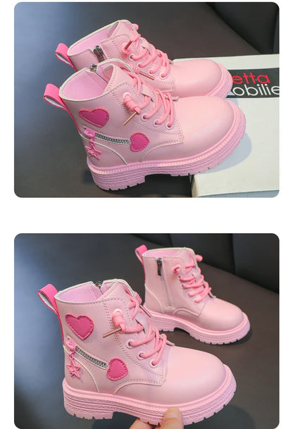 Girls Heart Ankle Boots with Lace-Up Front, Side Zipper and Star Accents, Pink or Black Fashion Shoes with Optional Plush Lining, Sizes 26–37
