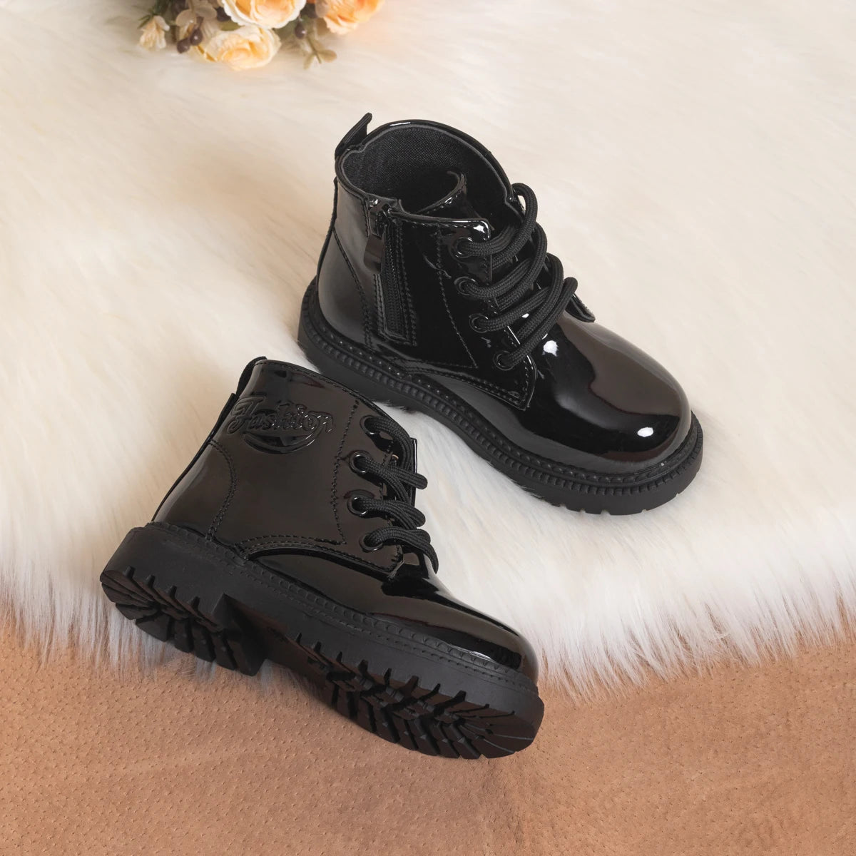 Kids PU Leather Combat Ankle Boots with Lace-Up Front, Side Zipper and Black Chunky Soles, Boys and Girls Fall Winter Shoes in Sizes 21-30