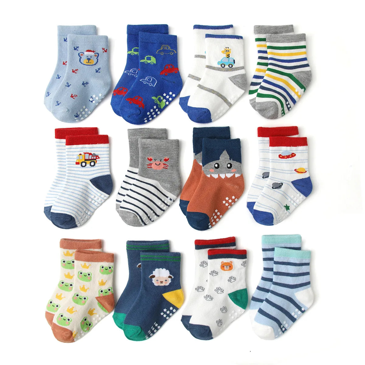 Cotton-Rich Baby Non-Slip Socks 12-Pair Pack, Crew Grip Socks with Ribbed Cuffs and Stretch Fit for Infant and Toddler Boys and Girls