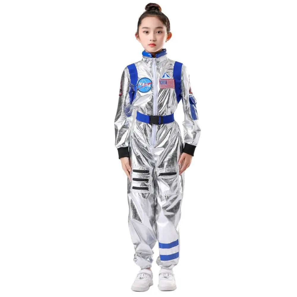 Kids Astronaut Costume Jumpsuit, Silver Space Explorer Outfit for Halloween, Carnival, Cosplay and Imaginative Dress-Up, Sizes 120–150