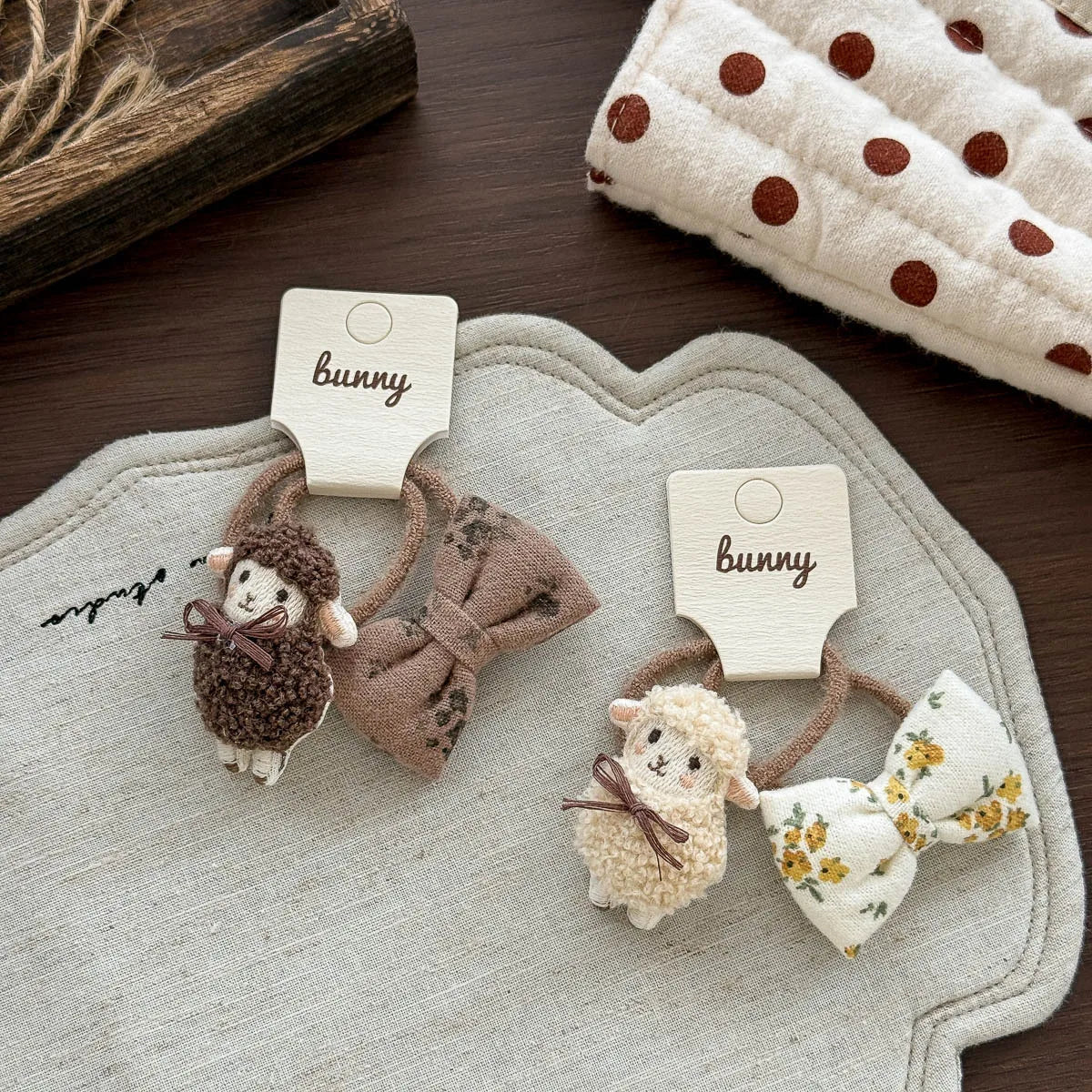 Sheep and Bow Hair Ties for Girls, 2-Piece Elastic Ponytail Holder Set with Cute Animal Detail in Beige, Coffee or Pink for Everyday Hairstyles