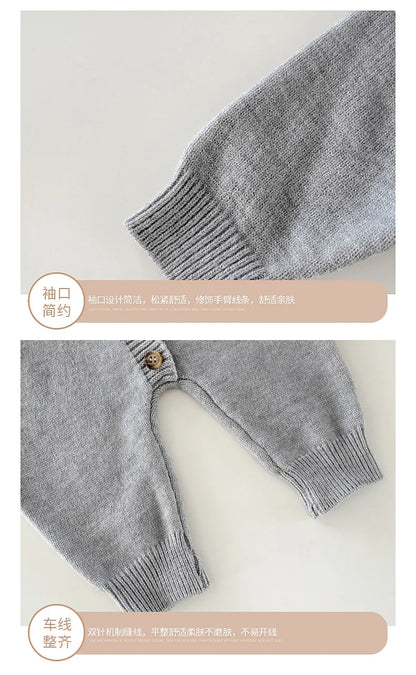 Round Ear Hooded Baby Knit Jumpsuit with Button Front and Ribbed Cuffs, Footless Spring and Fall Romper in Brown, Light Grey or Dark Grey