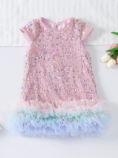 Girls Sequin Party Dress, Short Sleeve Sparkle Dress with Fluffy Mesh Ruffle Hem and Cotton Blend Lining for Birthdays and Holiday Photos, 2T-6T