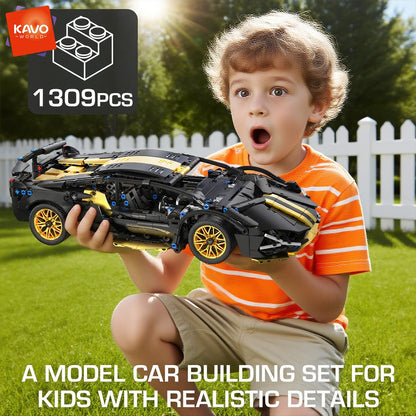 Supercar Building Set, 1280-Piece Black and Gold 1:14 Scale Sports Car Model with Adjustable Rear Wing and Opening Cockpit by KAVOWORLD