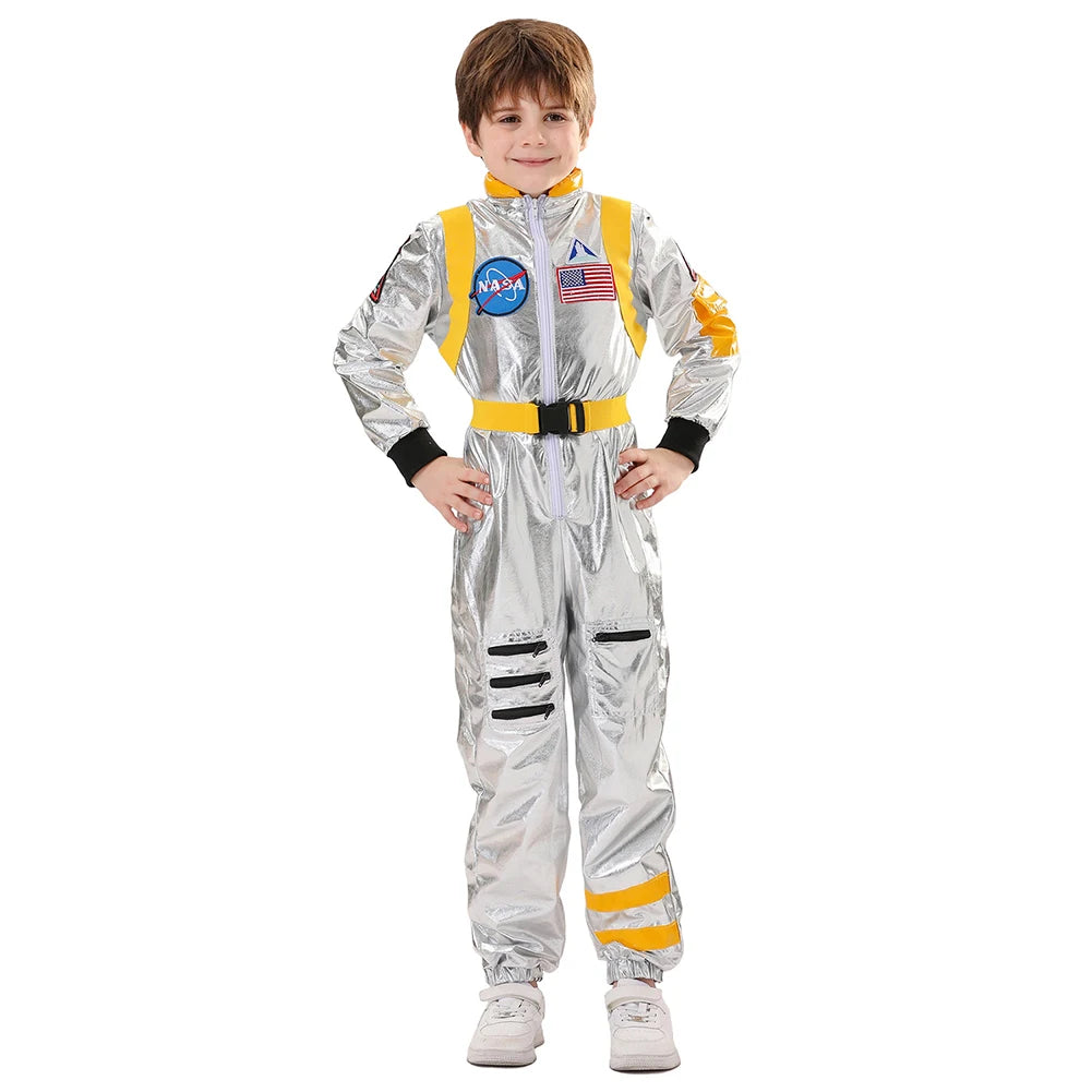 Kids Astronaut Costume Jumpsuit, Silver Space Explorer Outfit for Halloween, Carnival, Cosplay and Imaginative Dress-Up, Sizes 120–150