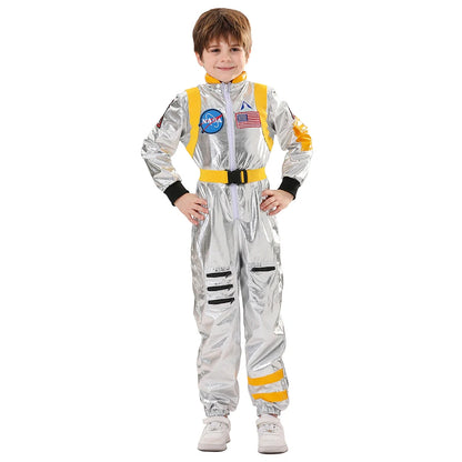 Kids Astronaut Costume Jumpsuit, Silver Space Explorer Outfit for Halloween, Carnival, Cosplay and Imaginative Dress-Up, Sizes 120–150