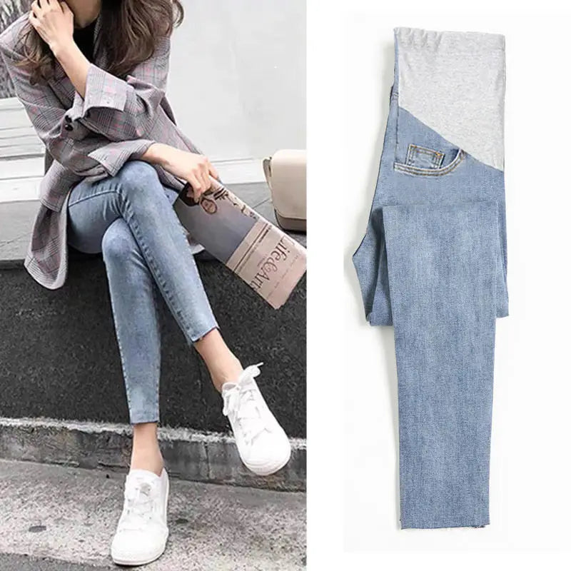 Maternity Denim Jeans with Over-Belly Panel, Blue Pregnancy Pants with Frayed Hem Styling, M-2XL Options for Everyday Casual Outfits