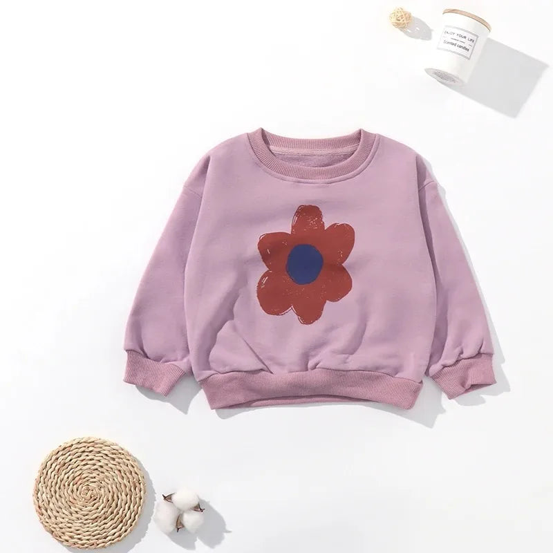 Kids Crewneck Sweatshirt with Animal, Flower and Letter Graphic Options, Long Sleeve Unisex Pullover for Boys and Girls Everyday Seasonal Layering