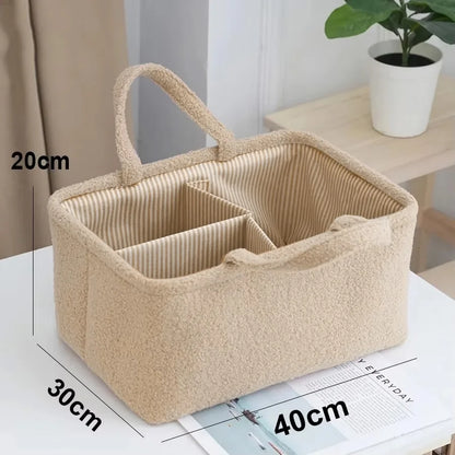 Striped-Lining Diaper Caddy with Plush-Textured Exterior, Three Compartments and Carry Handles for Nursery Supplies and Baby Bottle Storage