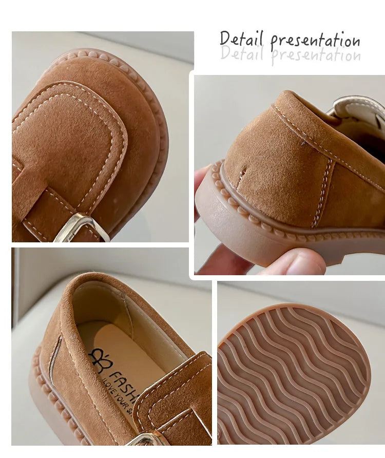 Girls Buckle Loafers with Rounded Toe and Stitched Detail, Brown or Khaki Casual Flats for School Outfits, Spring and Fall Days