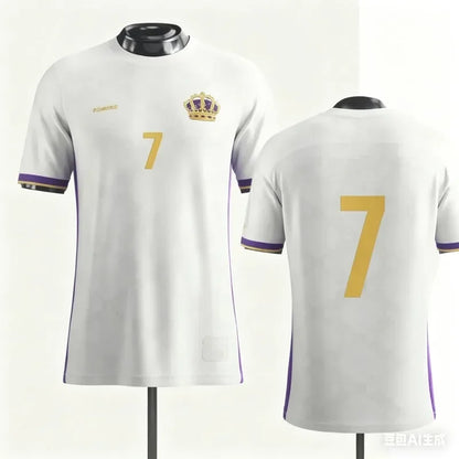 Number 7 Soccer Fan Shirt for Kids and Adults, Short Sleeve Football Jersey Style Top with Black Graphic and White Gold Designs for Family Matching