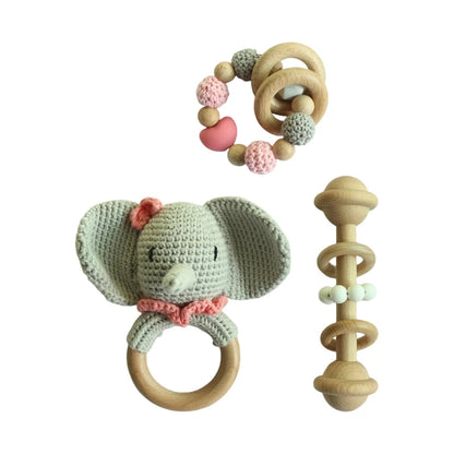 Crochet Animal Rattle Set with Wooden Ring and Coordinating Accessories, Rabbit, Deer and More Designs for Supervised Play and Baby Shower Gifts