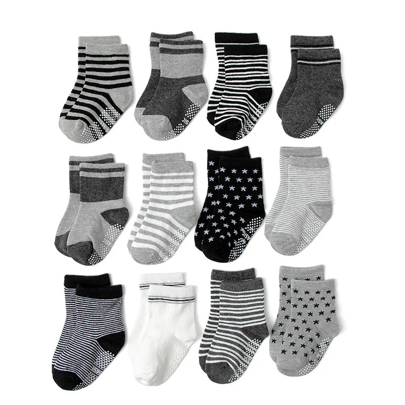 Cotton-Rich Baby Non-Slip Socks 12-Pair Pack, Crew Grip Socks with Ribbed Cuffs and Stretch Fit for Infant and Toddler Boys and Girls