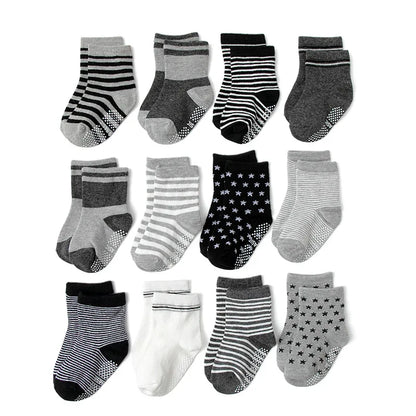 Cotton-Rich Baby Non-Slip Socks 12-Pair Pack, Crew Grip Socks with Ribbed Cuffs and Stretch Fit for Infant and Toddler Boys and Girls
