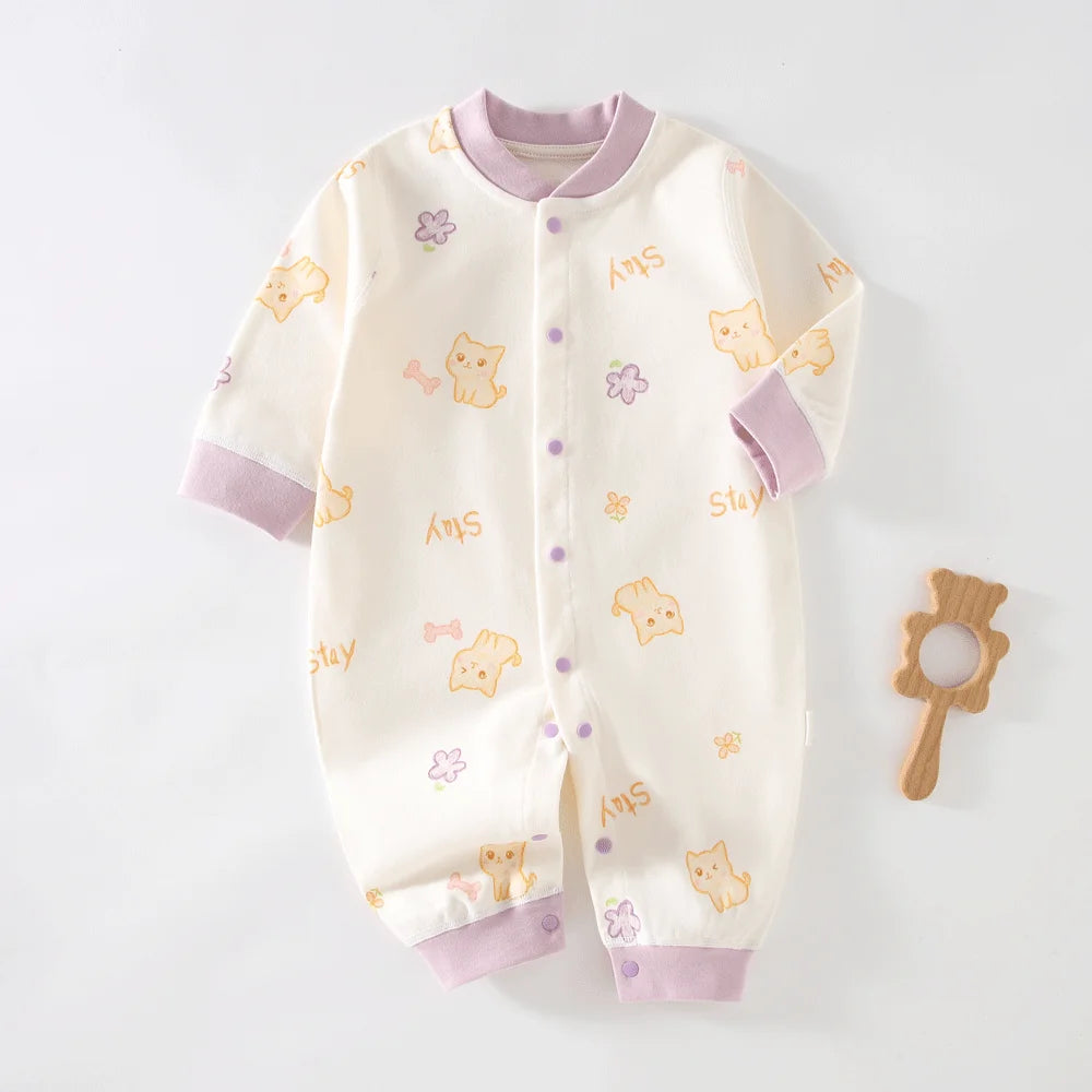 Long Sleeve Cotton Baby Romper with Front Snaps and Footless Cuffs, Animal Prints and Solid Colors for Boys and Girls, Sizes 59-90 cm