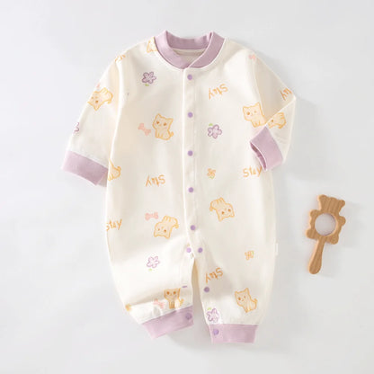 Long Sleeve Cotton Baby Romper with Front Snaps and Footless Cuffs, Animal Prints and Solid Colors for Boys and Girls, Sizes 59-90 cm