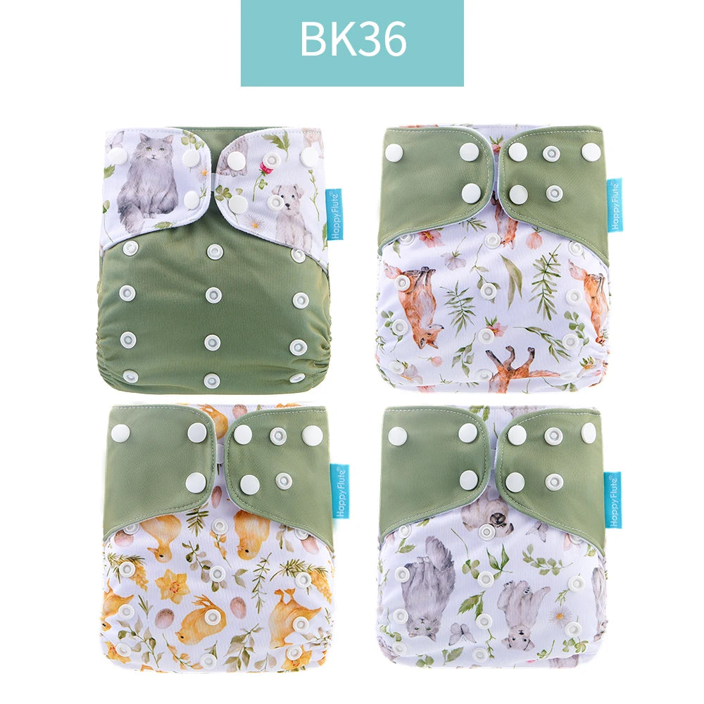 Reusable Cloth Diapers, Happyflute 4-Pack One-Size Pocket Baby Nappies with Adjustable Snap Closures, Washable Covers, Inserts Sold Separately