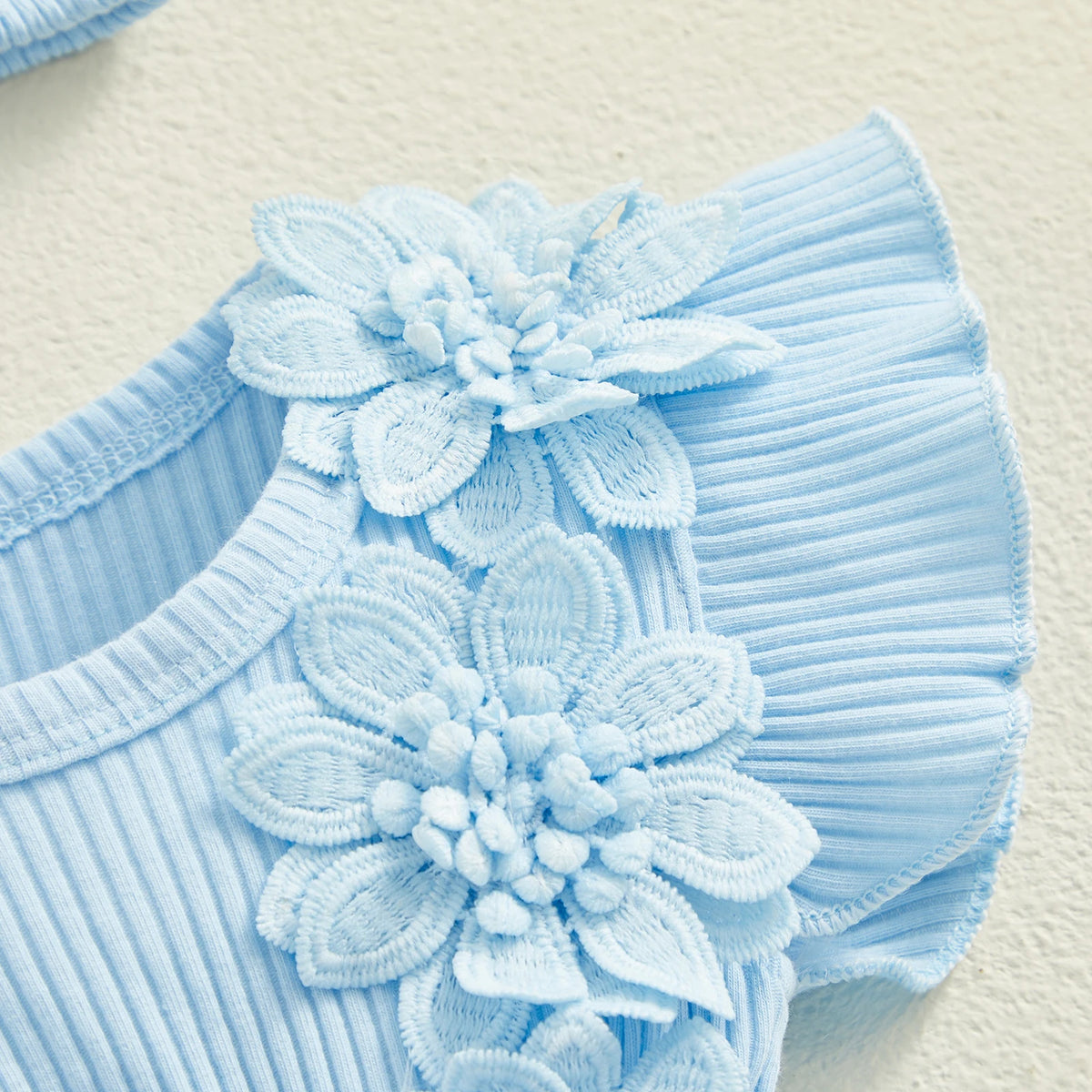 Flower Applique Baby Girl Romper Dress with Headband, Lace Mesh Skirt and Waist Bow, Cotton Blend Summer Occasion Outfit for 0-18 Months